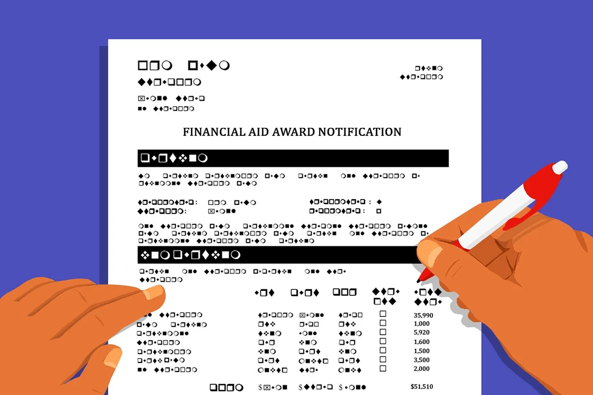 Illustration of overhead view of Financial Aid award letter with two hands holding the paper, one hand holding a pen